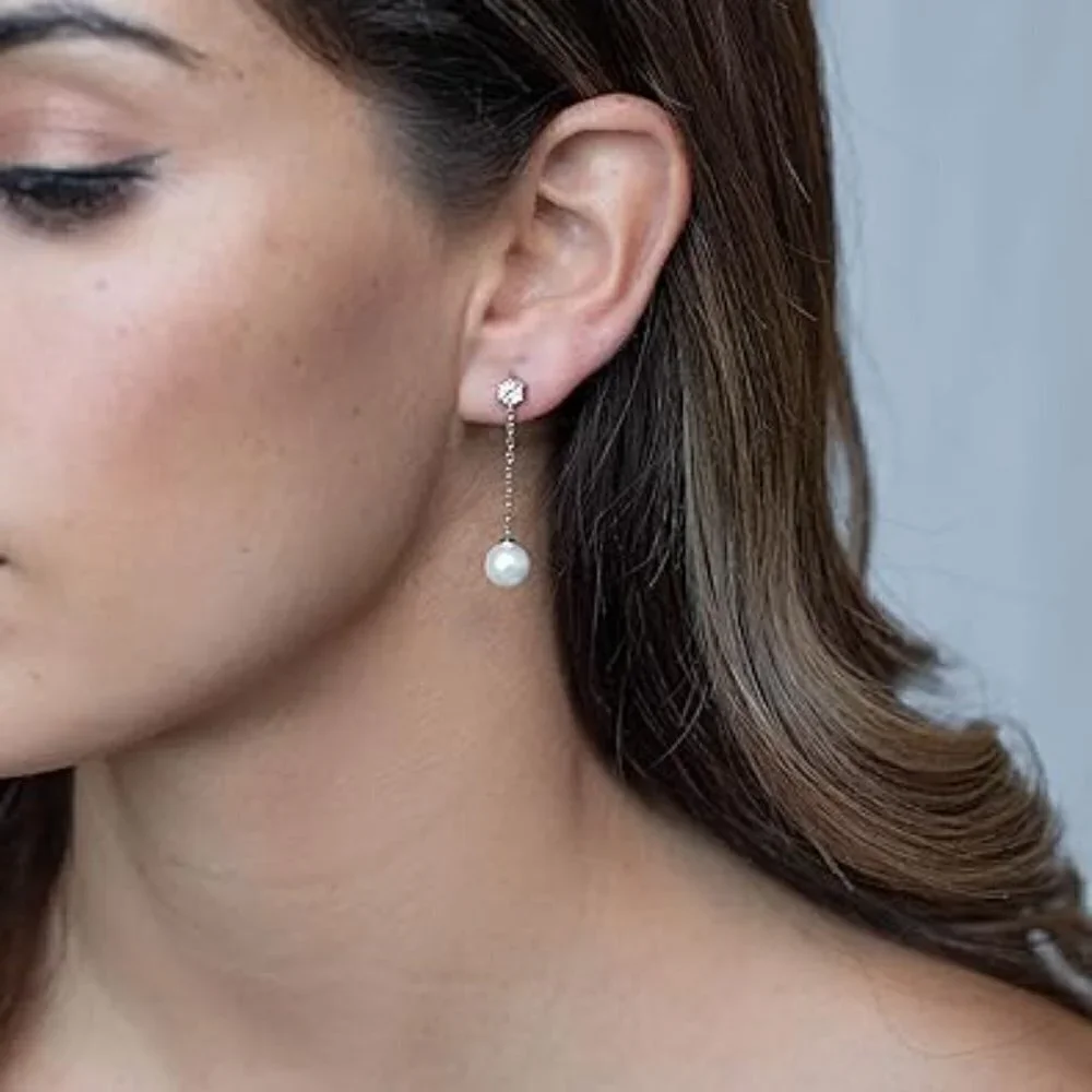14k Yellow Gold Sterling Silver Post Pearl Drop Earrings CZ Stone Diamond